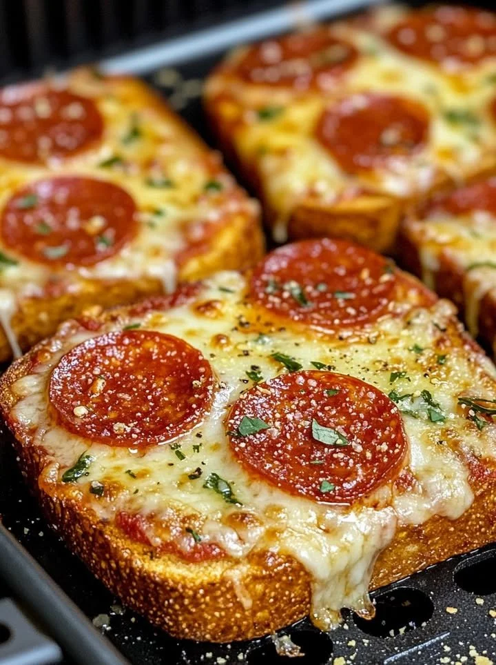 Air fryer pizza toast topped with cheese and pepperoni