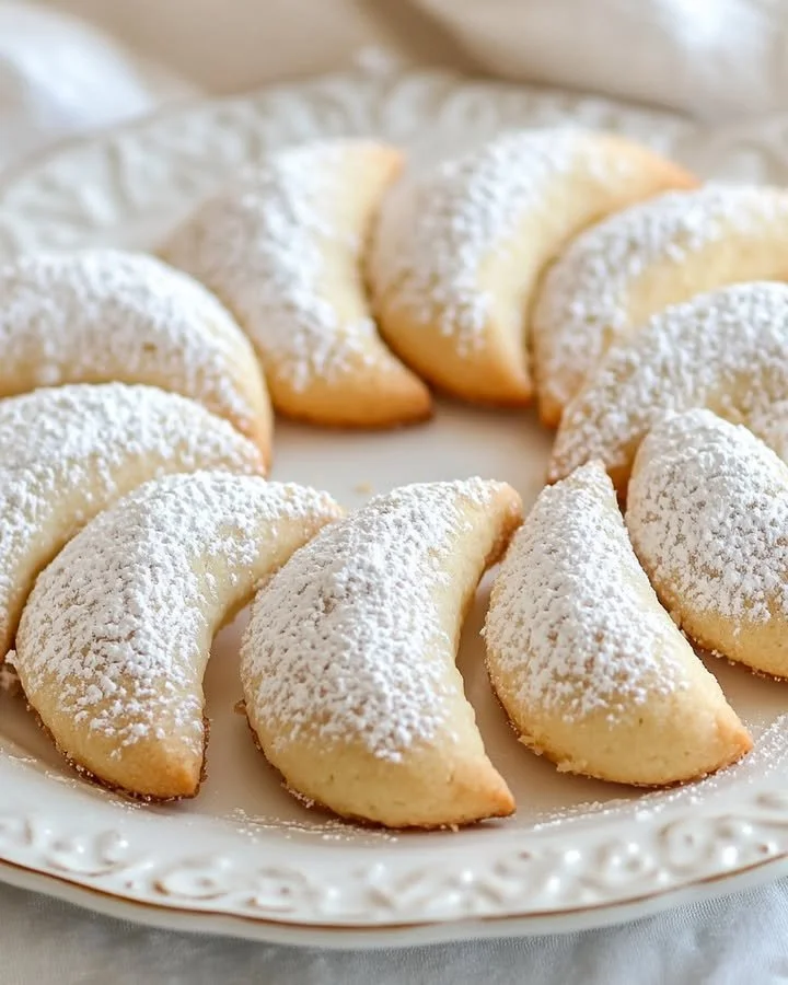 Delicious almond crescent cookies on a decorative plate.