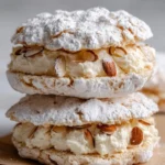 Almond Dacquoise sandwiches with creamy filling and almond meringue layers