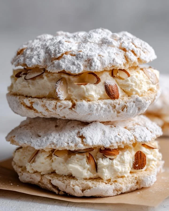 Almond Dacquoise sandwiches with creamy filling and almond meringue layers