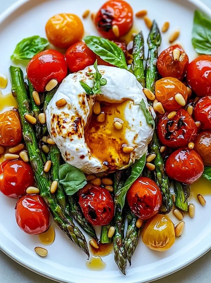 Fresh Asparagus Tomato Salad topped with creamy Burrata Cheese
