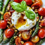 Asparagus tomato salad topped with burrata cheese