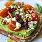 Delicious avocado feta toast topped with herbs and spices