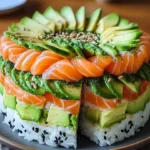 A beautifully crafted Avocado Sushi Cake showcasing layers of sushi and fresh avocado.