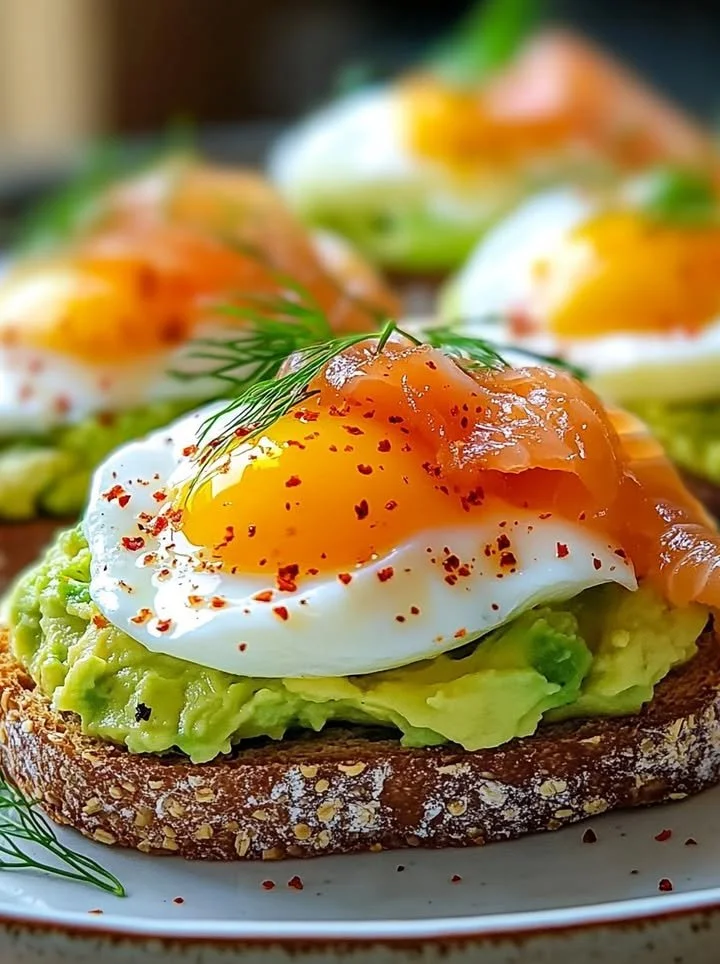 Avocado toast topped with poached egg and smoked salmon on a plate