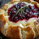 Baked brie in a bread bowl with cranberry sauce and thyme garnish