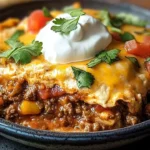 Delicious Baked Burrito Casserole topped with cheese and fresh ingredients