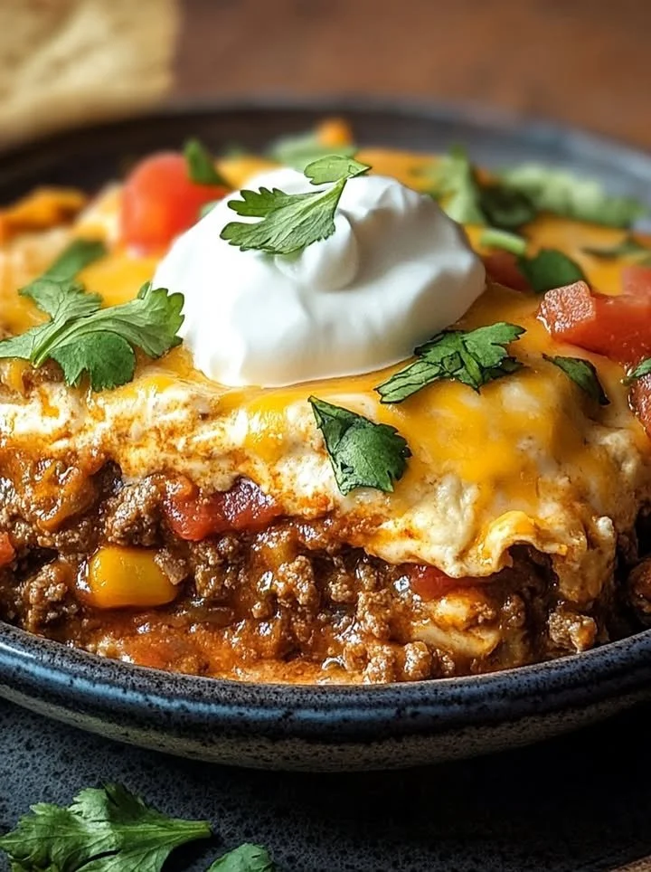 Delicious Baked Burrito Casserole topped with cheese and fresh ingredients