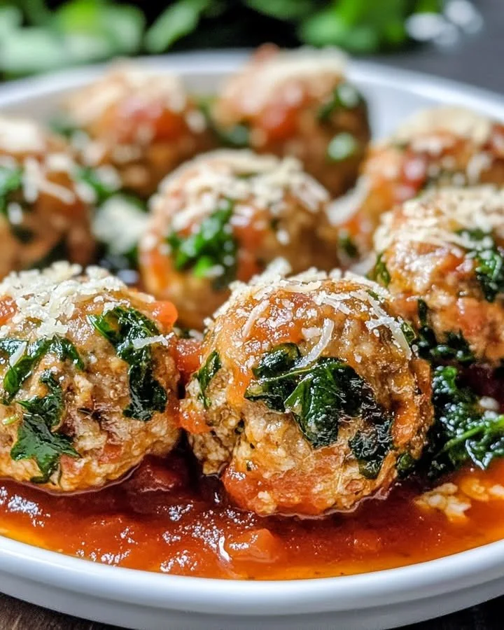 Delicious baked chicken ricotta meatballs served with marinara sauce