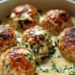 Baked chicken ricotta meatballs served with spinach Alfredo sauce