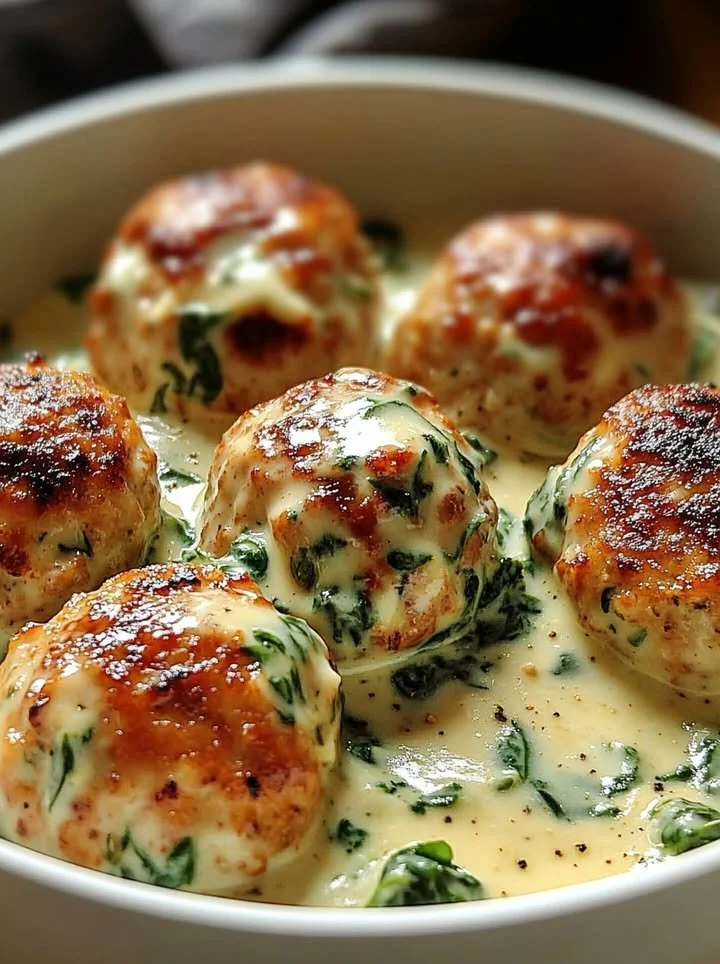 Baked chicken ricotta meatballs served with spinach Alfredo sauce