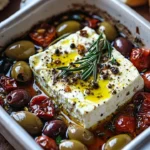 Baked feta topped with olives and sun-dried tomatoes served in a dish