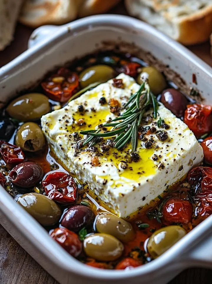 Baked feta topped with olives and sun-dried tomatoes served in a dish