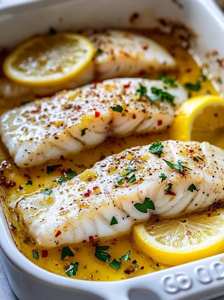 Baked lemon garlic cod fillet topped with butter sauce, served with lemon wedges.