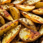 Baked mustard lemon potatoes with garlic and oregano served in a dish