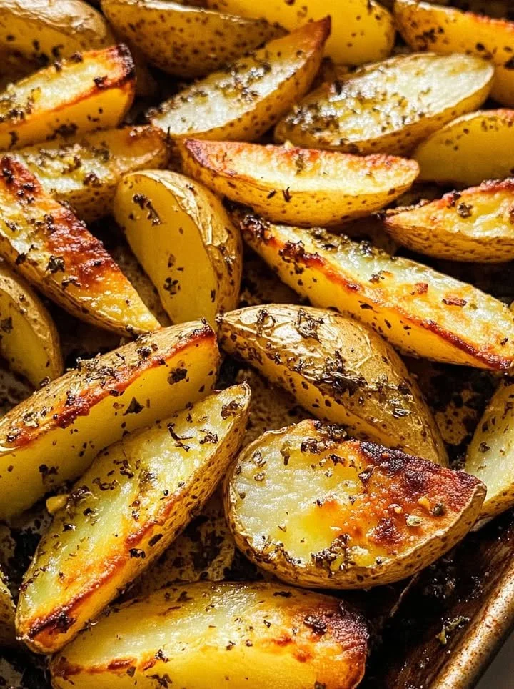 Baked mustard lemon potatoes with garlic and oregano served in a dish