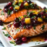 Baked salmon with cranberry salsa and pecans served on a plate.