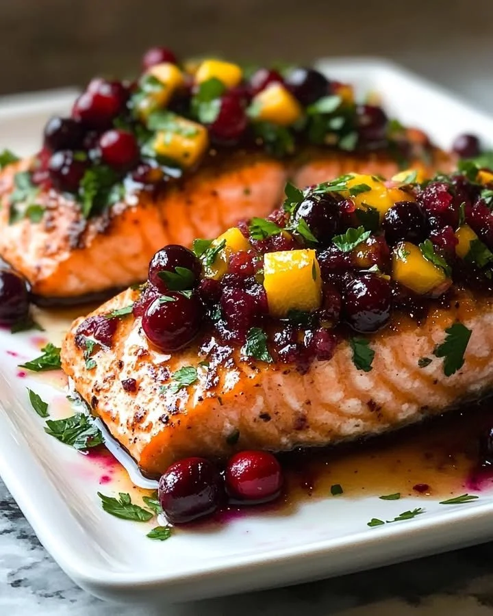 Baked salmon with cranberry salsa and pecans served on a plate.