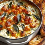 Creamy baked whipped feta cheese dip with sweet potato and sage on a serving plate.