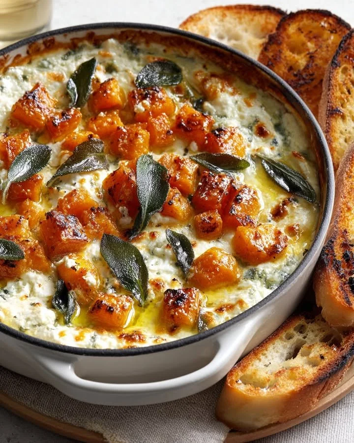 Creamy baked whipped feta cheese dip with sweet potato and sage on a serving plate.