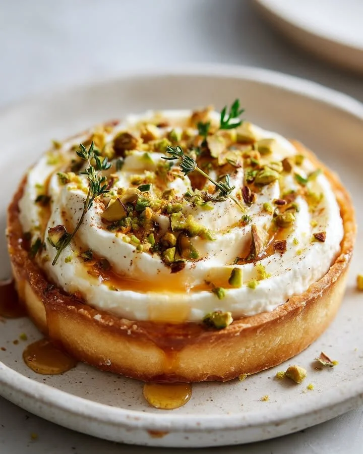 Baked Whipped Feta Tart topped with pistachio crunch and chili honey drizzle