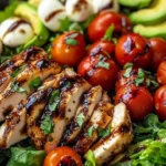Balsamic Glazed Chicken Salad topped with fresh greens and cherry tomatoes