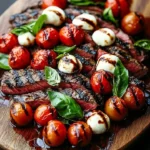 Balsamic Grilled Flank Steak Caprese garnished with fresh basil and mozzarella