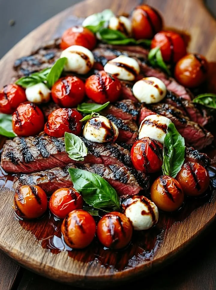 Balsamic Grilled Flank Steak Caprese garnished with fresh basil and mozzarella
