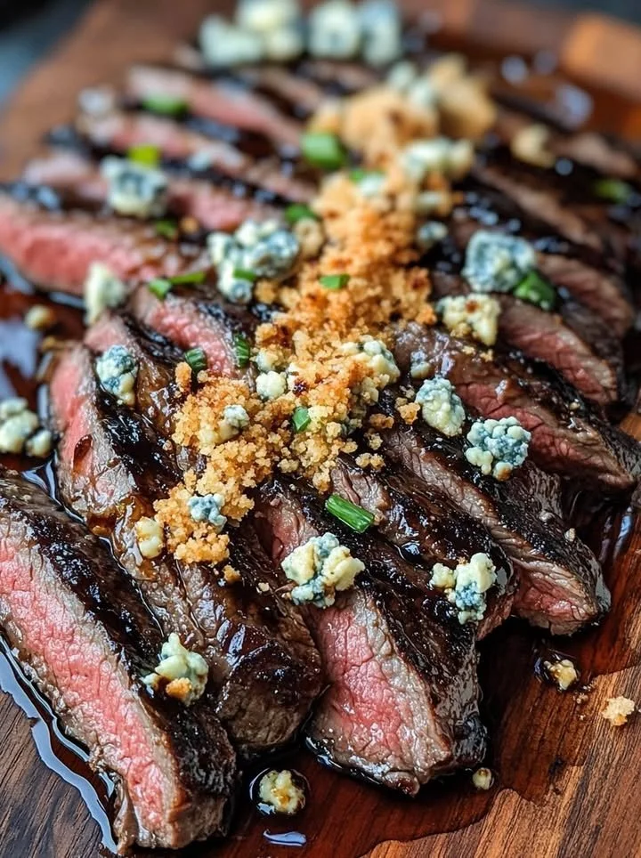 Balsamic marinated flank steak with blue cheese crust served on a plate