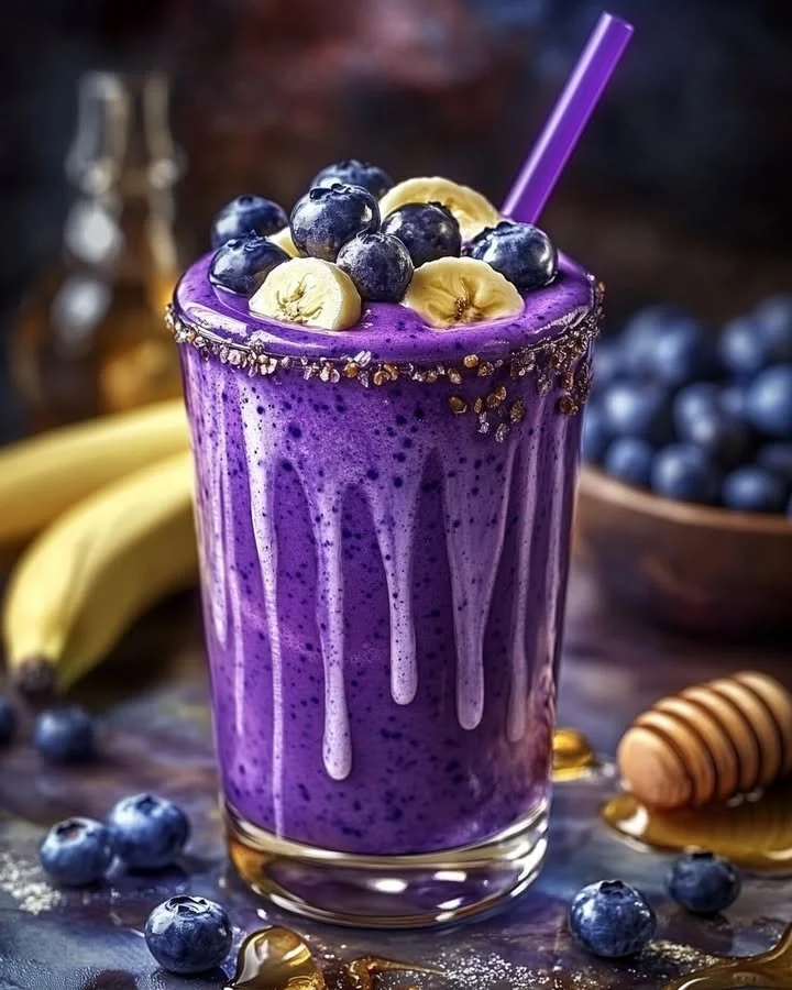 Banana-blueberry smoothie in a glass topped with fresh blueberries
