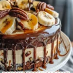 Delicious Banana Pecan Caramel Layer Cake with layers of banana and pecans