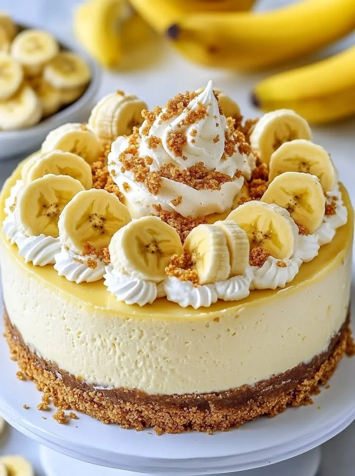 Delicious banana pudding cheesecake topped with fresh bananas and whipped cream