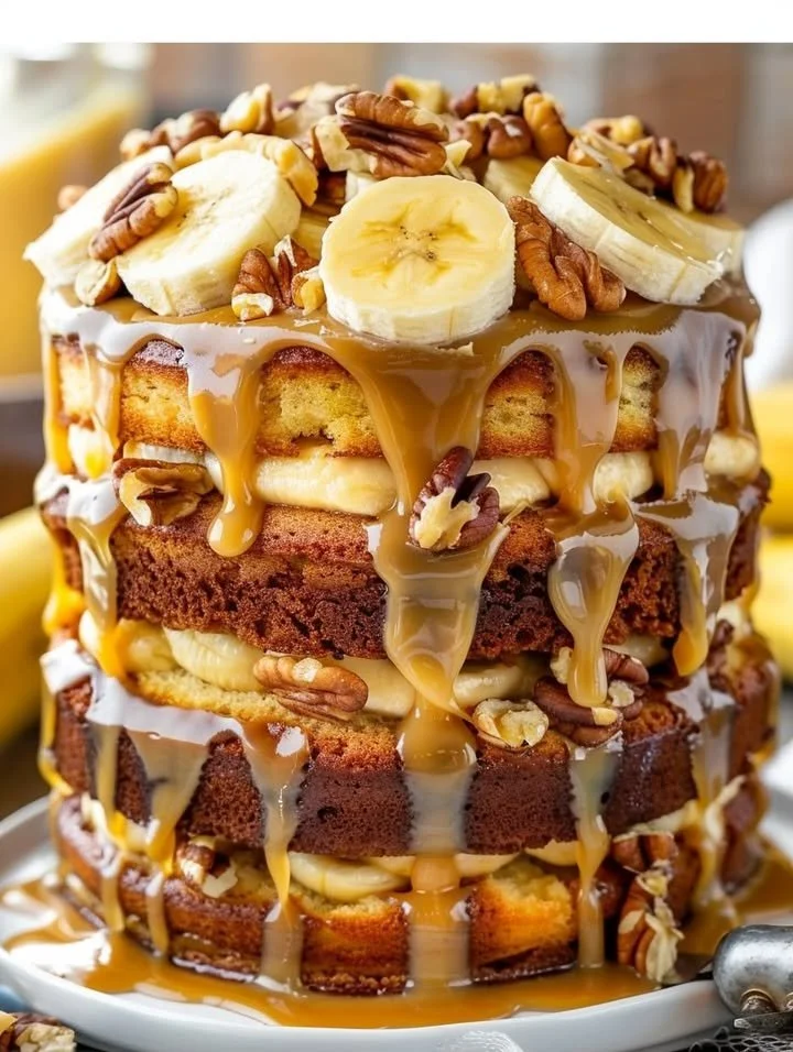 Slice of Banana Walnut Fudge Cake with walnuts and chocolate fudge icing