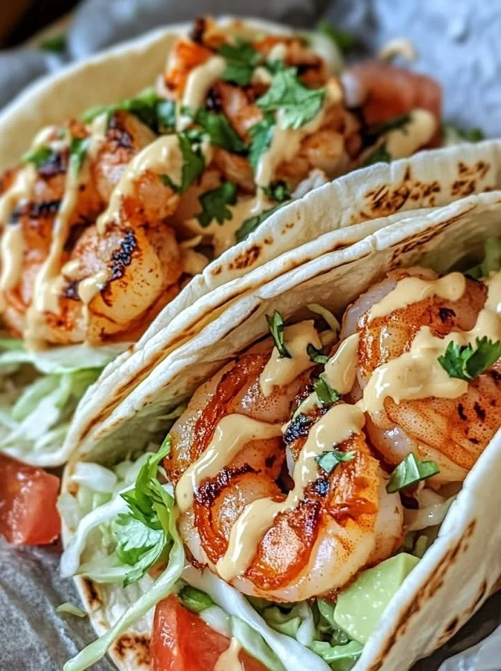 Delicious Bang Bang Shrimp Tacos topped with fresh ingredients