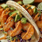 Bang Bang Shrimp Tacos topped with fresh ingredients and spicy sauce