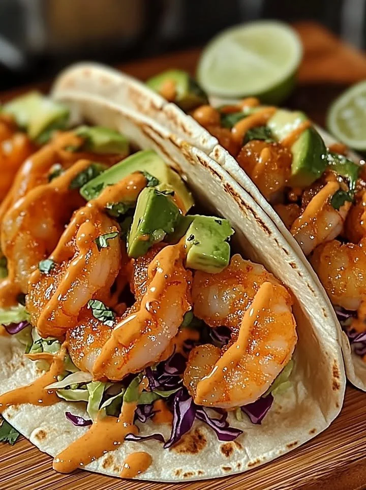 Bang Bang Shrimp Tacos topped with fresh ingredients and spicy sauce