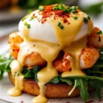 Plate of Bay Lobster Eggs Benedict with Cajun hollandaise sauce