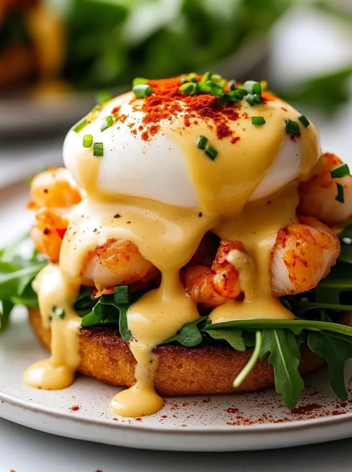 Plate of Bay Lobster Eggs Benedict with Cajun hollandaise sauce