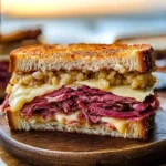Delicious Beef Reuben sandwich with tender beef, sauerkraut, and Swiss cheese on rye bread.