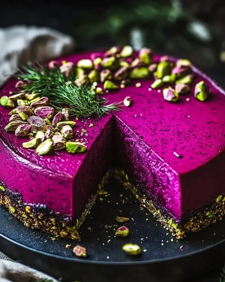 Beetroot feta cheesecake garnished with dill and crushed pistachio dust
