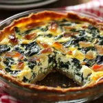 Crustless spinach quiche with onion and feta sliced on a plate