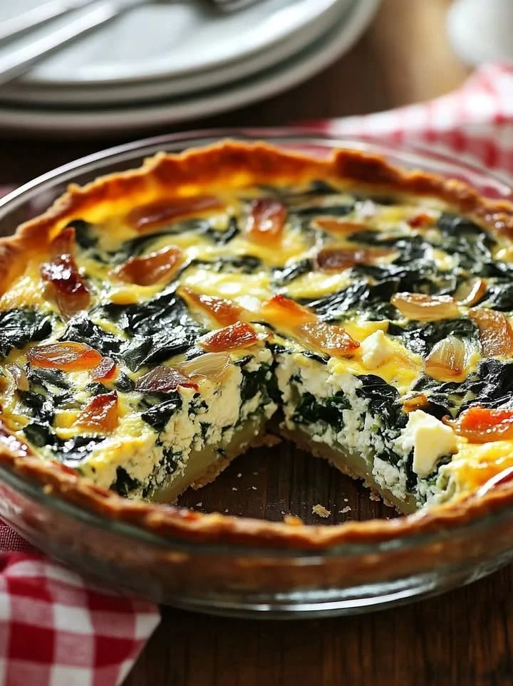 Crustless spinach quiche with onion and feta sliced on a plate