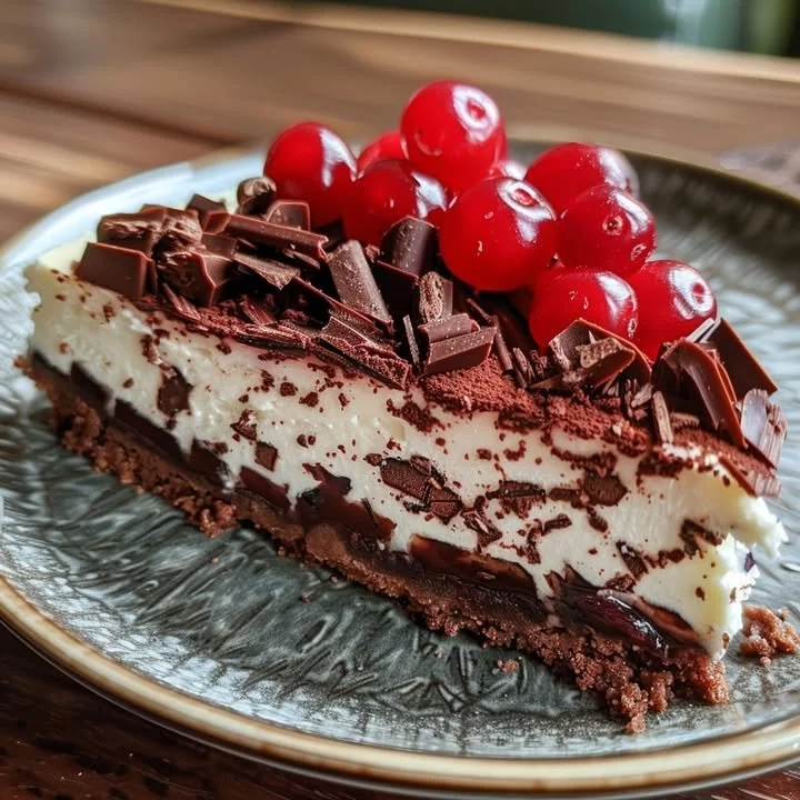 Slice of Black Forest Cheesecake with chocolate and cherries on a plate