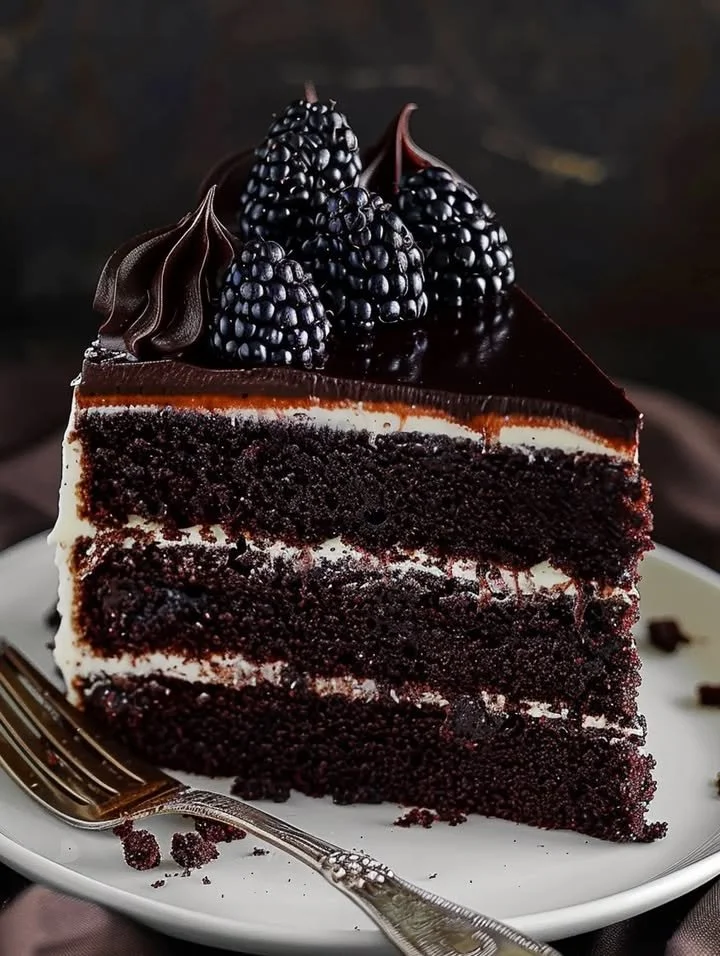 Delicious slice of Black Velvet Cake with cream cheese frosting on a plate