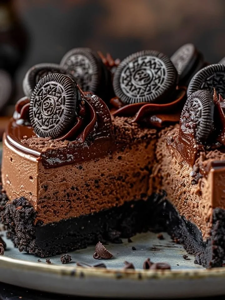 Black Velvet Dark Chocolate Oreo Cheesecake topped with crushed Oreos