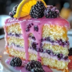 Delicious Blackberry Lemon Drip Cake with vibrant blackberry frosting and lemon drizzle.