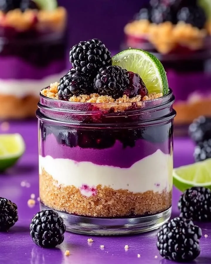 Individual jars of blackberry lime cheesecake topped with fresh blackberries and lime zest.