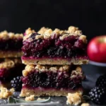 Blackberry, sage, and apple oat crumble bars on a wooden surface