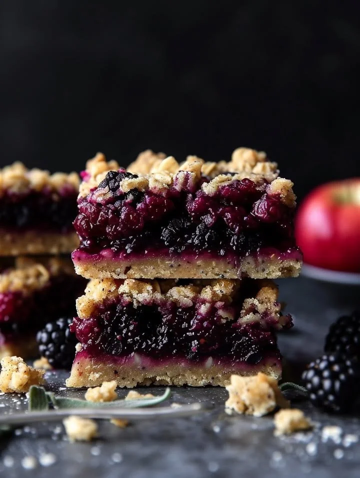 Blackberry, sage, and apple oat crumble bars on a wooden surface