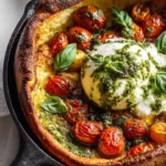 Blistered Tomato and Burrata Savory Dutch Baby topped with fresh ingredients